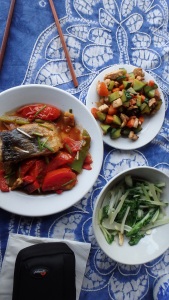 Cashew Chicken, Bach Choy with Garlic, Pijiu Yu (Beer fish) - missing pork steamed stuffed vegetables